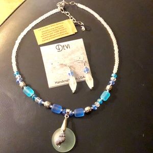 Crystal sea glass shell pendant mermaid colored necklace,pierced earrings set